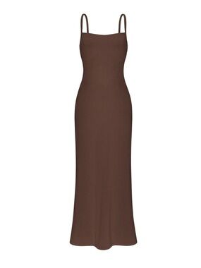 Oddli The Dinner Party Dress in Mocha Brown Stretchy Comfy Maxi Minimalist